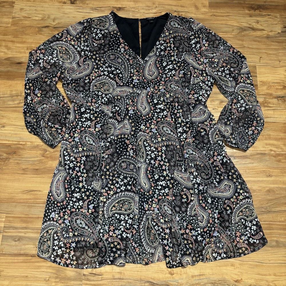 Torrid Paisley Floral Midi Dress Plus Size 4 Black Pink Puff‎ Sleeve Pockets
